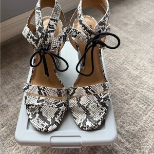 Gianni Bini Black & White Snake-Print Lace-Up Heels